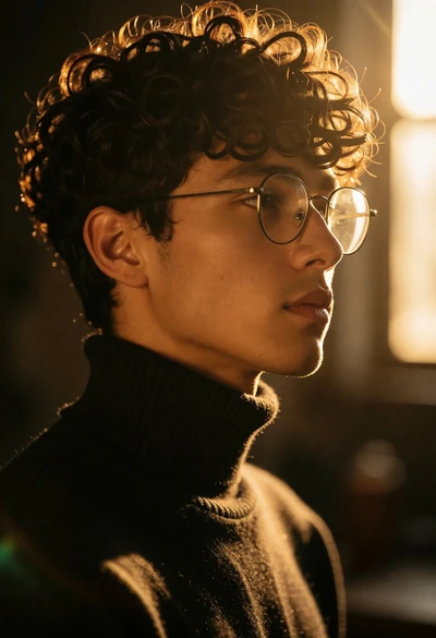 Close up profile portrait of young man with dark curly hair and