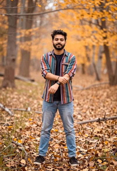 Young man in striped shirt standing in an autumnal forest clearing bokeh