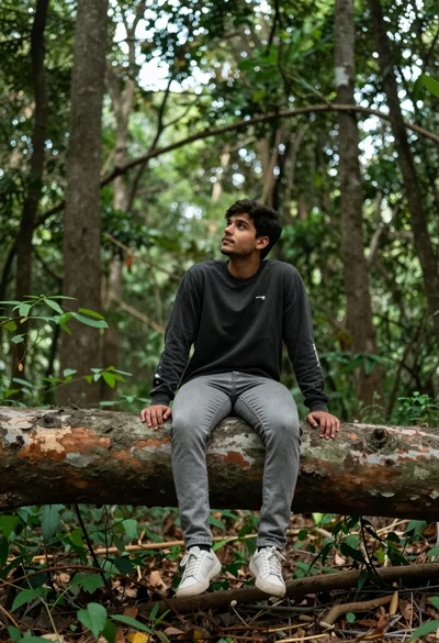 Young man sitting on fallen log in lush forest under soft daylight