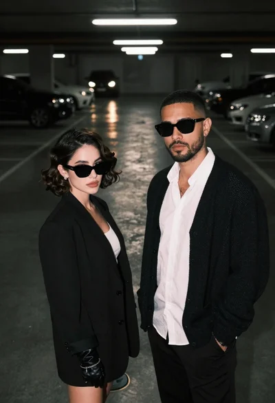 Young woman and man in black sunglasses standing in a dimly lit