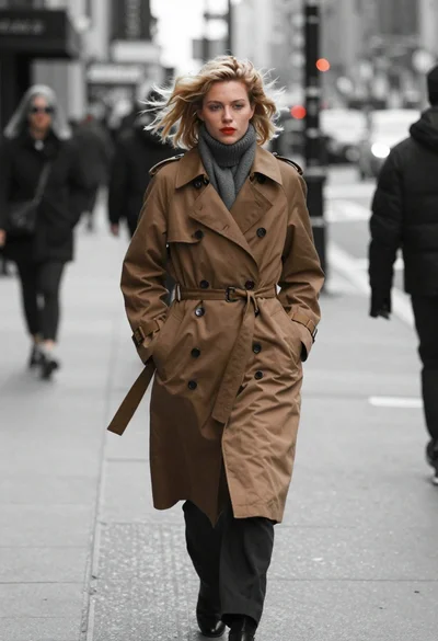 Young woman walking down city sidewalk in trench coat high angle shot