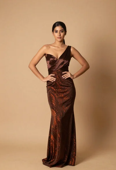 Poised young woman in elegant gown against warm beige backdrop