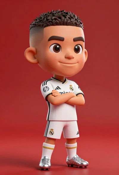Full body shot of cartoonish bobblehead football player in real madrid kit