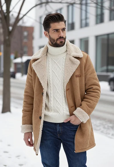 Stylish man in tan coat standing on snowy city street background