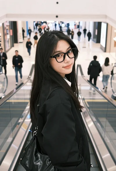 Young woman with black hair and glasses looking back over shoulder on