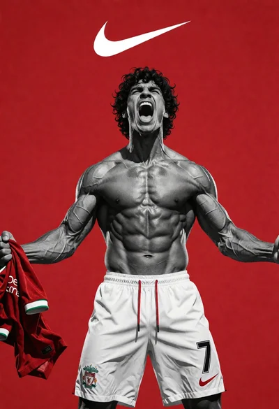 Muscular man roaring in white athletic shorts against a vibrant red backdrop