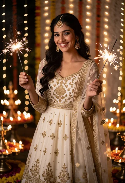 Smiling woman in cream embroidered gown holding lit sparklers at festival