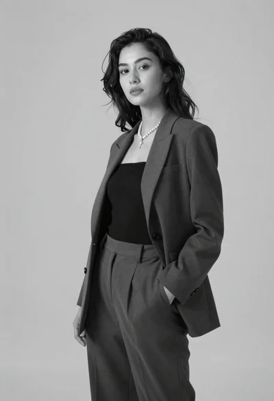 Black and white portrait of confident woman in blazer