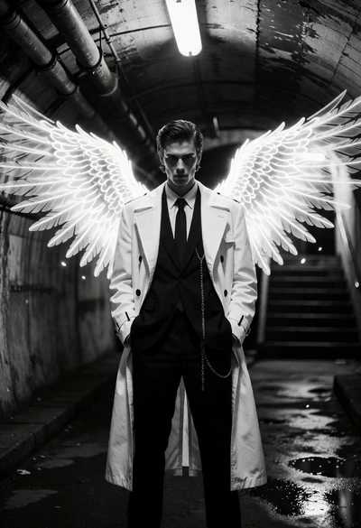 Man with massive glowing wings standing in a dimly lit concrete tunnel