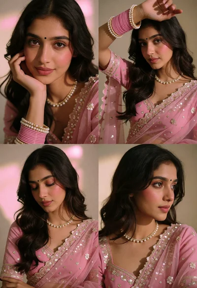 Closeup portrait of young woman in pink traditional outfit jewelry details