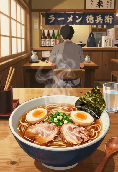 Anime style steaming ramen bowl on wooden table in japanese restaurant