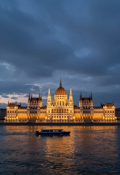 Majestic gothic revival palace by riverbank at twilight under dramatic sky