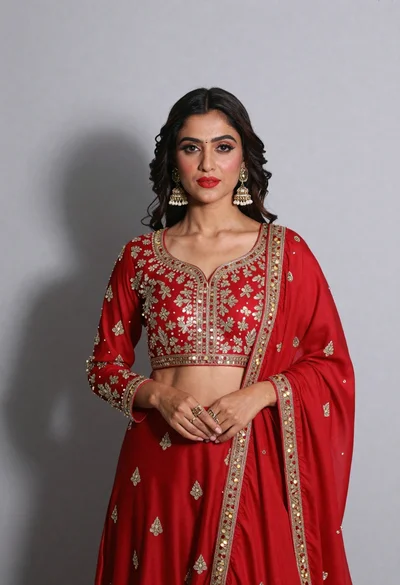 Poised woman in red traditional outfit against light gray studio backdrop