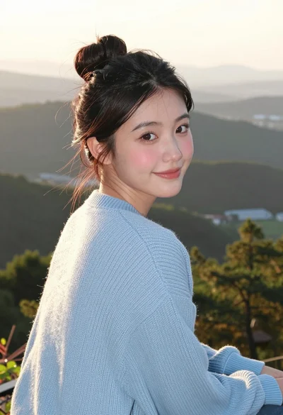 Young woman in blue sweater looking back over shoulder at scenic overlook