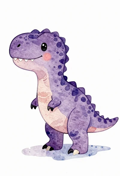 Watercolor illustration of a purple t rex dinosaur