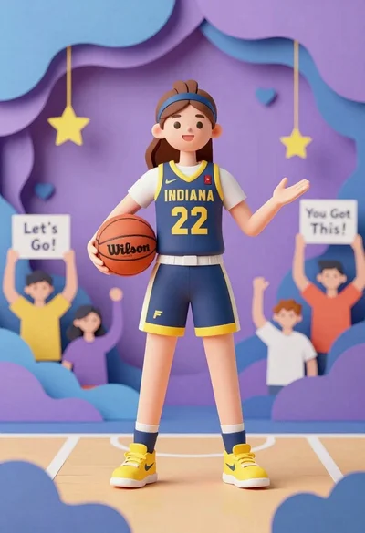 Cheerful female basketball player in navy jersey holding orange ball on court