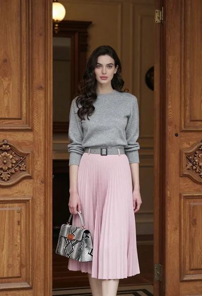 Young woman in grey sweater and pink skirt standing in ornate doorway