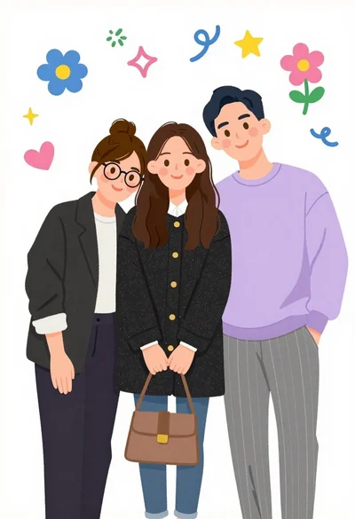 Three friends standing together in a cheerful group pose with doodles