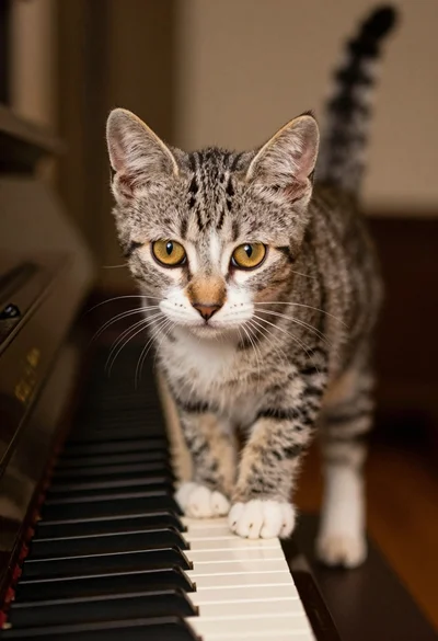 Close up of tabby kitten with yellow eyes standing on piano keys