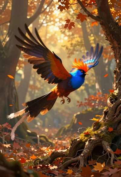 Fantasy bird flying through autumnal forest woodland