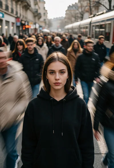 Young woman standing still on busy street amidst motion blurred crowd