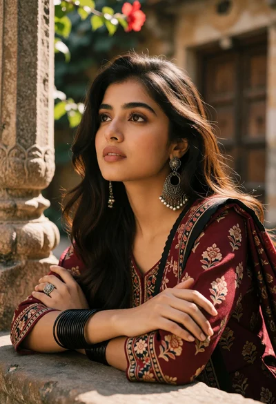 Young woman in maroon traditional outfit by stone pillar outdoors