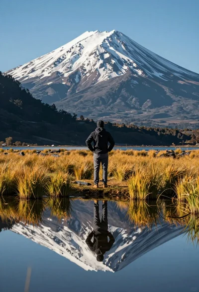 Hiker viewing massive snow capped mountain reflected in calm lake at low