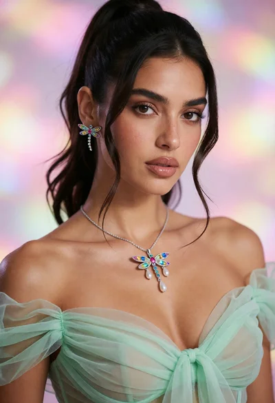 Close up portrait of woman with dark hair in mint green tulle