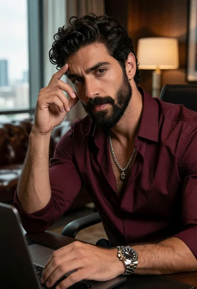 Handsome man with beard in modern office contemplating at desk