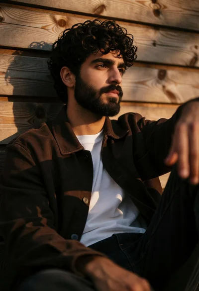 Young man with dark curly beard seated against wooden slats in warm