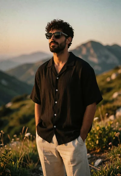 Man in black shirt and beige trousers standing on hillside at sunset