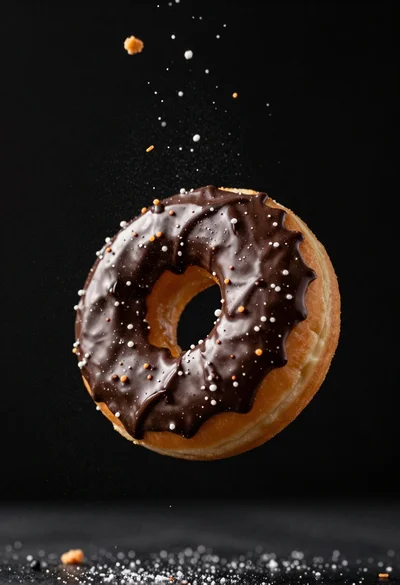 Delicious glazed donut suspended in midair with flying crumbs against black background