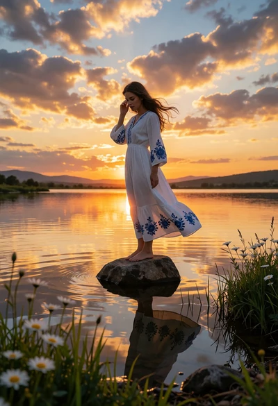 Woman in white dress on rock in calm lake at vibrant sunset