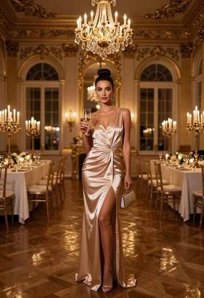 Glamorous woman in champagne satin gown holding wine glass in opulent candlelit