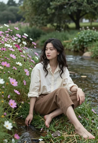 Young woman sitting by stream surrounded by cosmos flowers in soft daylight
