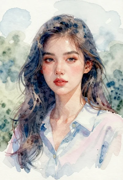 Watercolor portrait of young woman with blue grey wavy hair