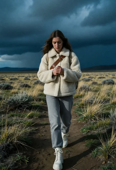 Solitary woman walking on dirt path through windswept grassland under storm sky