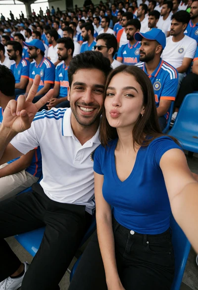 Couple taking a selfie in stadium seats during a crowded cricket match