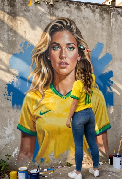 Woman painting large mural of herself on weathered concrete wall outdoors