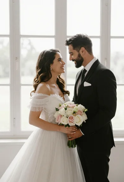 Bride and groom holding rose bouquet together in front of large window