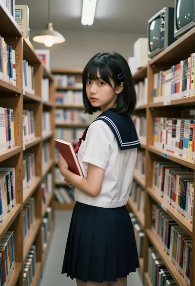 Young woman in sailor uniform standing in library aisle with vintage electronics