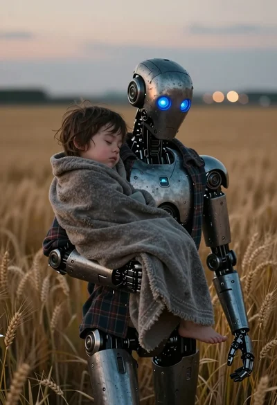 Robot carrying sleeping child through golden wheat field at twilight