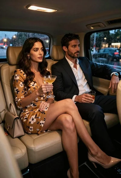 Elegant couple sitting in luxury car during rainy night with city lights