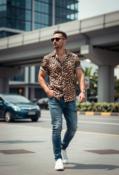 Fit man walking confidently on city street with modern glass buildings background