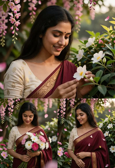 Photorealistic portrait of woman in maroon saree amidst lush garden flowers