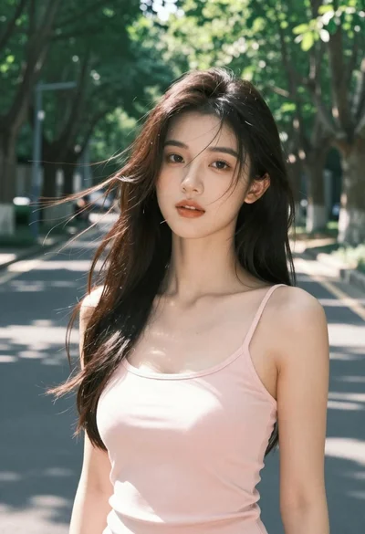 Young woman with dark hair standing on a sun dappled road lined