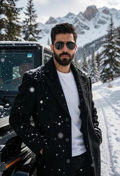 Man by black luxury suv on snowy mountain road under overcast sky