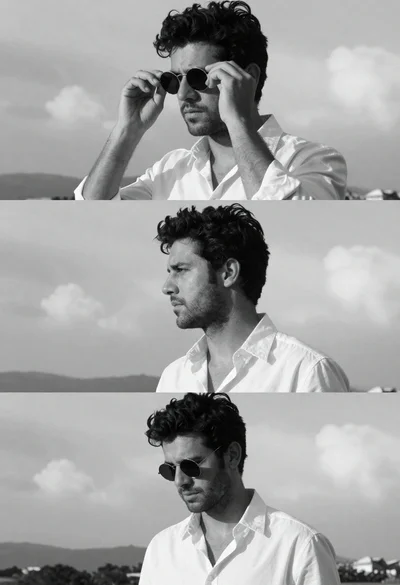 Black and white triptych portrait of man in white shirt against cloudy