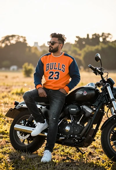 Man sitting on a black motorcycle in a grassy field at golden