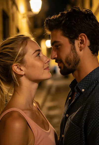 Intimate closeup portrait of couple on city street at night
